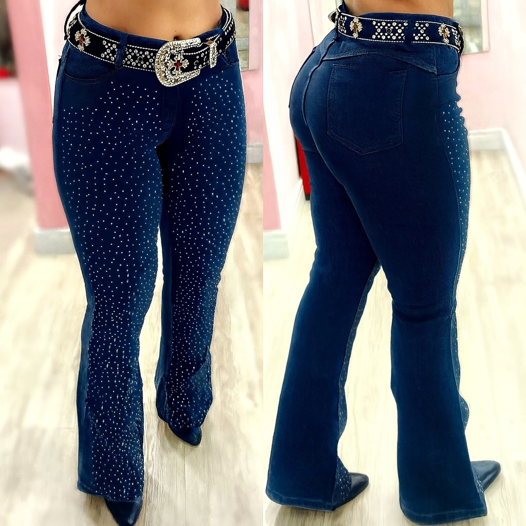Calça Country Flare Jeans Feminina Pedrarias Escura Cintura Alta Modela Bumbum Brilhos Rodeio em Oferta na Shopee
