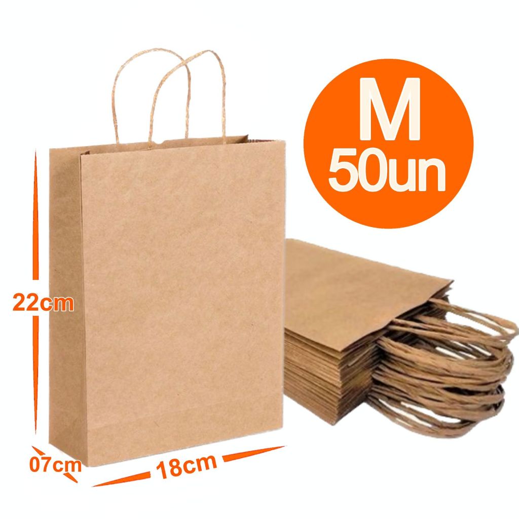 Sacola De Papel Kraft Natural M 18x07x22cm 50 Unidades