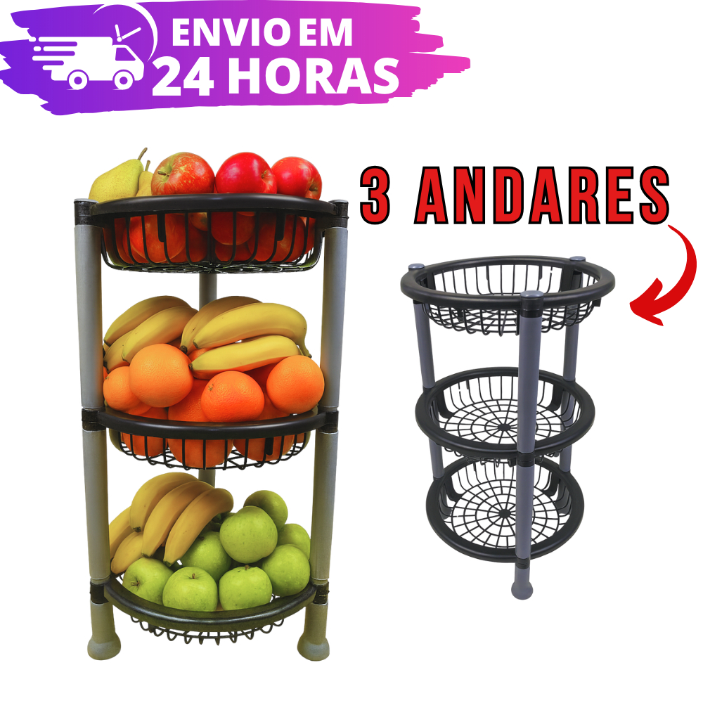 Fruteira 3 Andares REFORÇADA Redonda C/ Rodinha Multiuso Cesto Organizador de Chão em Oferta na Shopee
