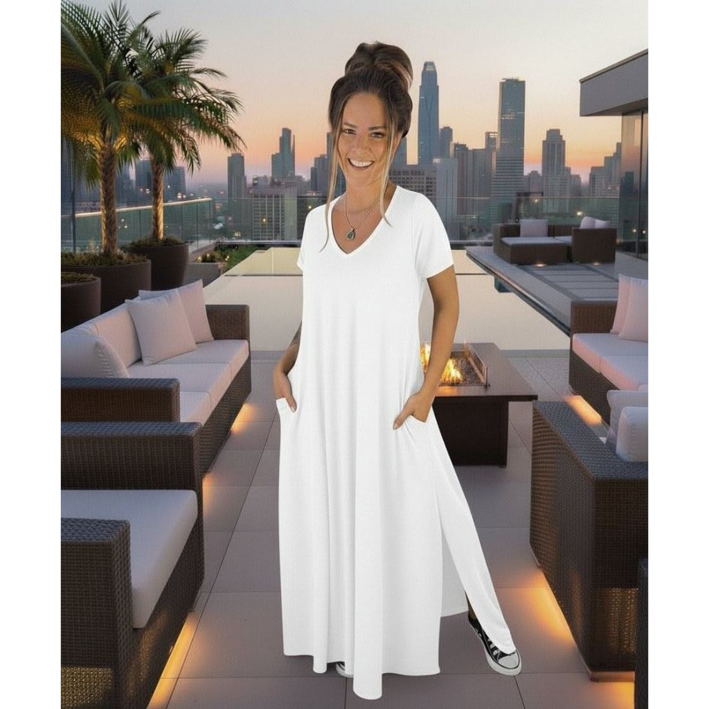 Vestido longo femininino viscolycra decote v com bolso