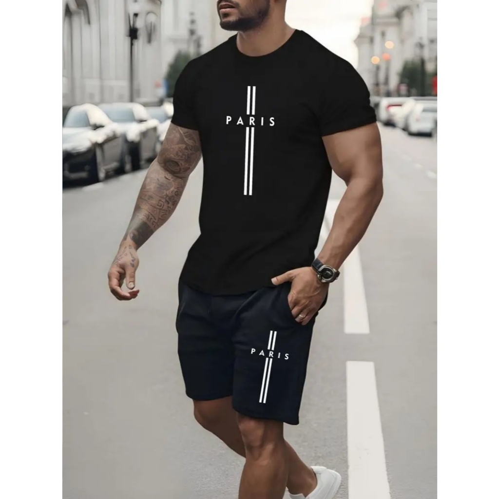 Kit Camiseta Masculina 100% Algodão + Bermuda Moletom Lançamento Estampada PARIS T Confortável Diversas cores Unissex