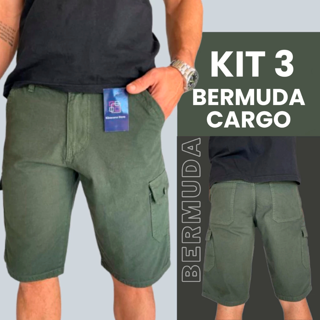 Kit 3 Bermuda Masculina Jeans Short Cargo Brim 6 Bolsos 38 ao 48