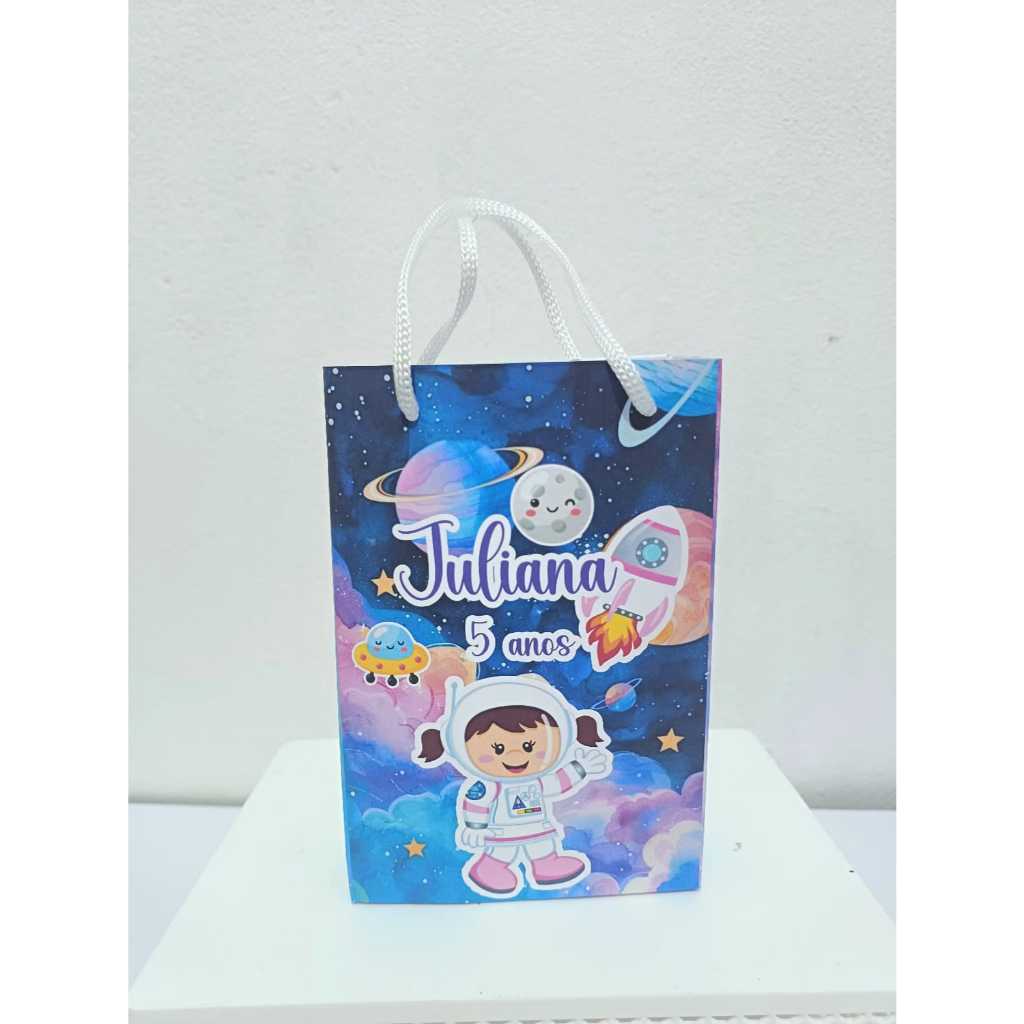 Sacolinha Personalizada  com nome e idade 13x20 Astronauta Menina Festa Aniversário Lembrancinhas
