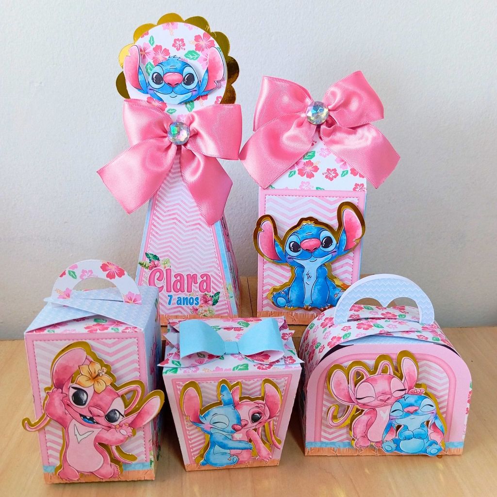 PEGUE E MONTE Kit Personalizados Stitch e Angel | Lembrancinhas Festa Infantil | Caixinhas Aniversário | Fazemos todos o