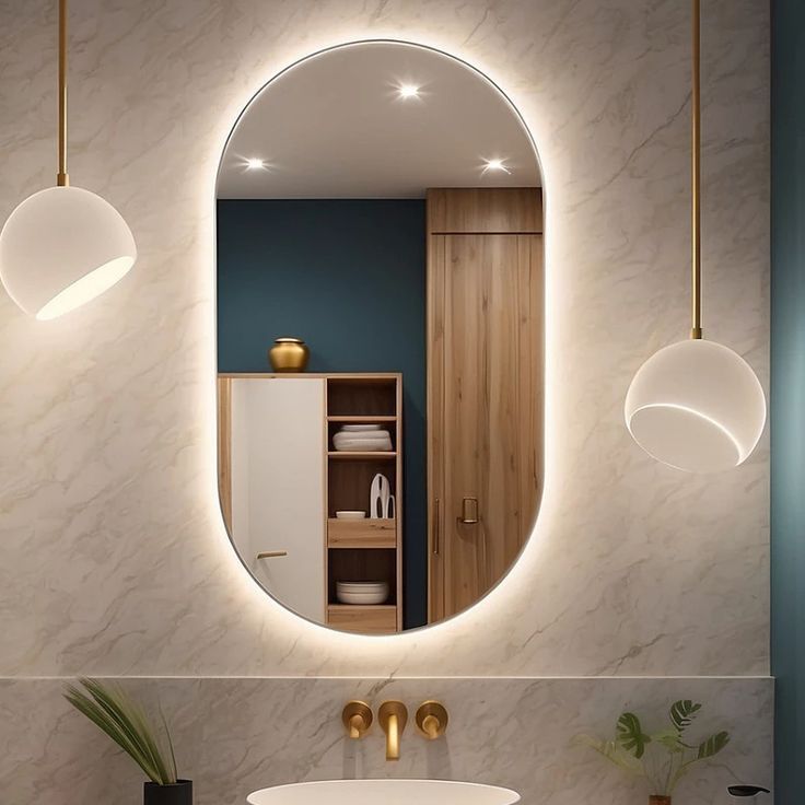 Espelho Oval LED 80x50 cm com Luz Quente e Fria para Banheiro Lavabo Quarto Sala