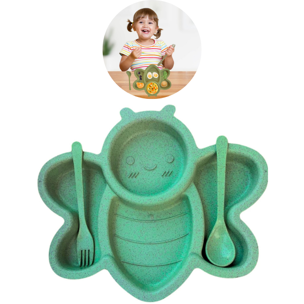 Prato Borboleta C/ Divisórias Garfo Colher em Fibra de Trigo Sustentável Kit Infantil p/ Refeição