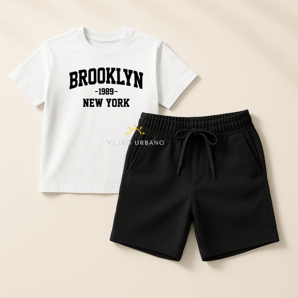 Conjunto Bermuda Preto Com Bolso + Camiseta Algodão "Brooklyn" Infantil Kids Juvenil