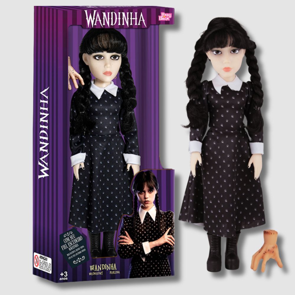 Boneca Wandinha Addams + Mãozinha 44cm BabyBrink Original Articulada Vandinha em Oferta na Shopee
