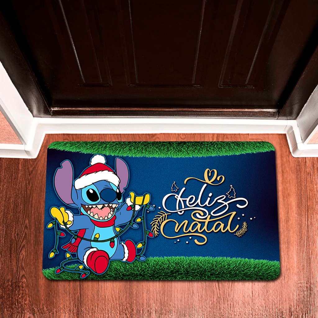 Tapetes de Porta Decorativo Natal Divertido Azul Stitch Papai Noel Feliz Natal Antiderrapante 55x35