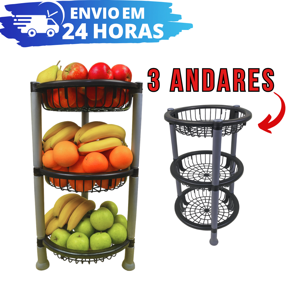Fruteira 3 Andares REFORÇADA Redonda C/ Rodinha Multiuso Cesto Organizador de Chão em Oferta na Shopee