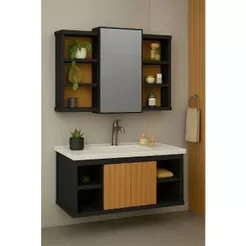 Conjunto Gabinete Cuba Espelheira Completo Com Porta Nichos E Espelho