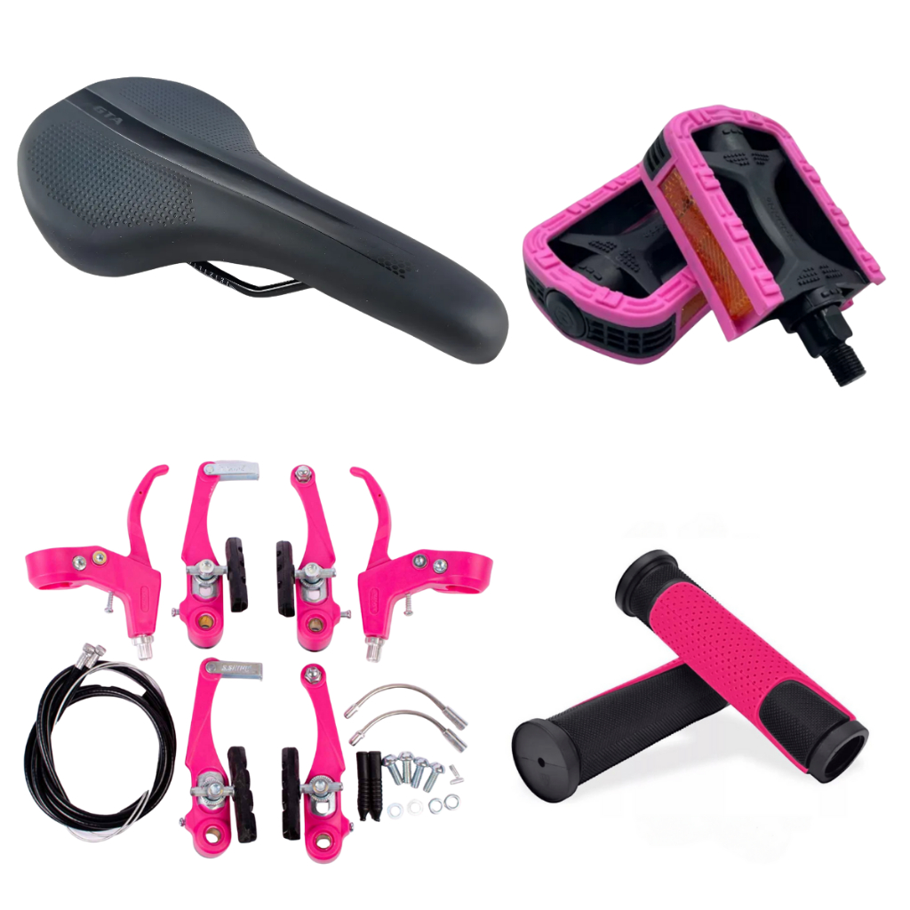 KITSelim GTA Banco para Bike  24 ou 29 + Pedal Rosca  Rosca grossa + Freio Nylon completo Rosa +  Manopla de Borracha