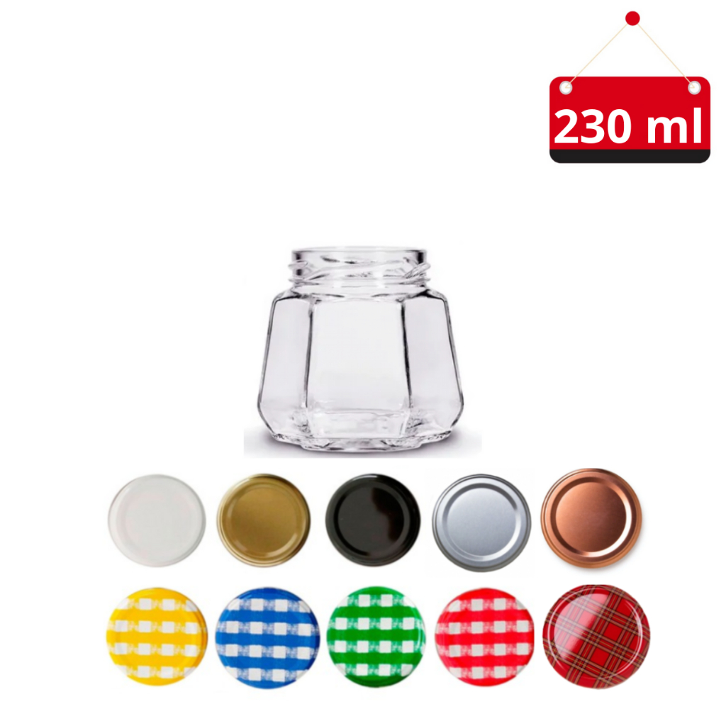 60 Un. Pote de vidro sextavado 230 ml com tampa e lacre