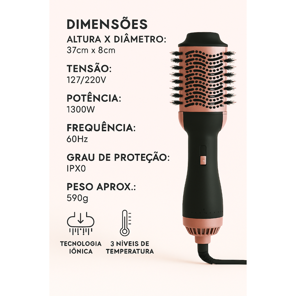 Escova Cabelo Secadora Profissional 127 Ou 220V Poténcia1300W Revestimento Cerâmico Com Óleo Argan