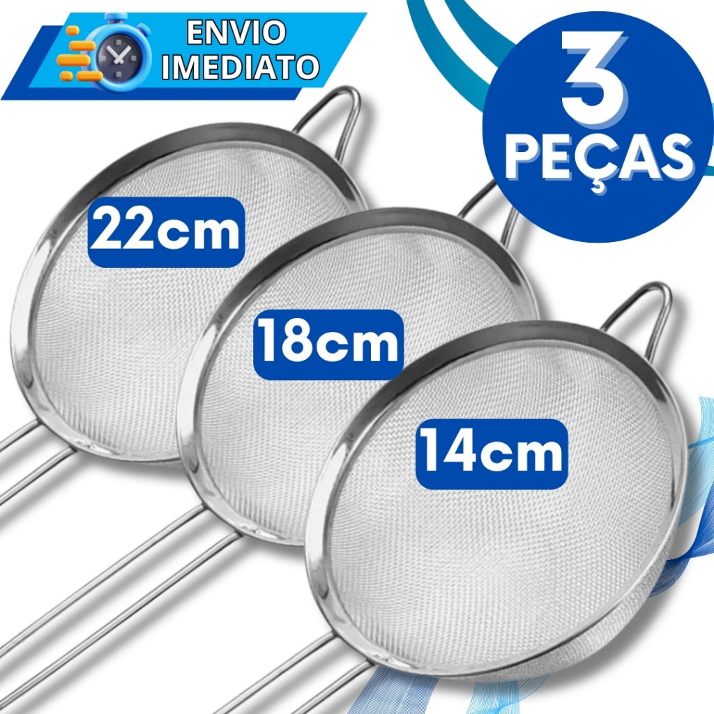 KIT Jogo 3 Peneira Coador de Aço Inox 22cm 18cm 14cm para Cozinha Casa Restaurante Doceria Oleo Farinha Tapioca