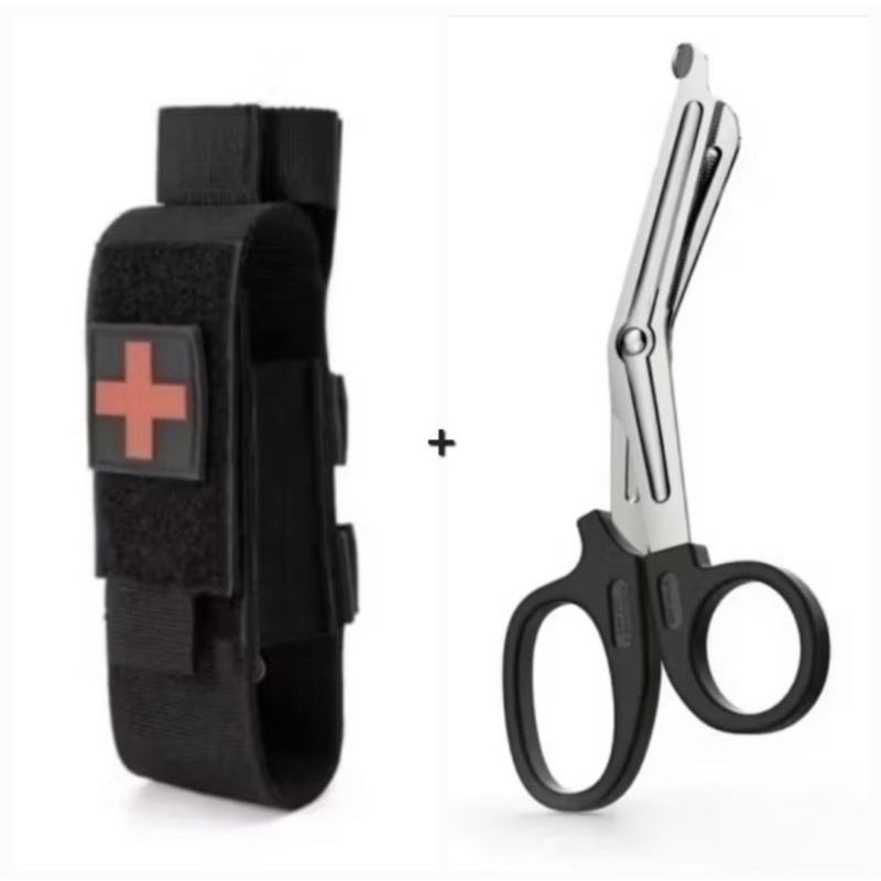 Porta Torniquete Modular Tático Molle Com Patch Cruz Vermelha + Tesoura Ponta Romba 15cm Compacta Aço Inoxidável
