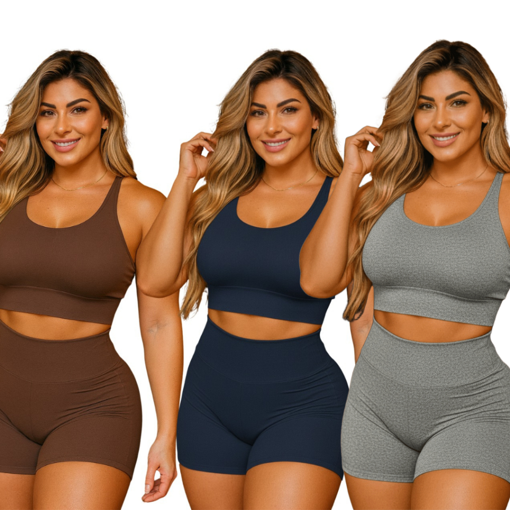 Kit 3 Conjuntos Academia Academia Top e Short Para Treino Corrida Poliamida Com Elastano