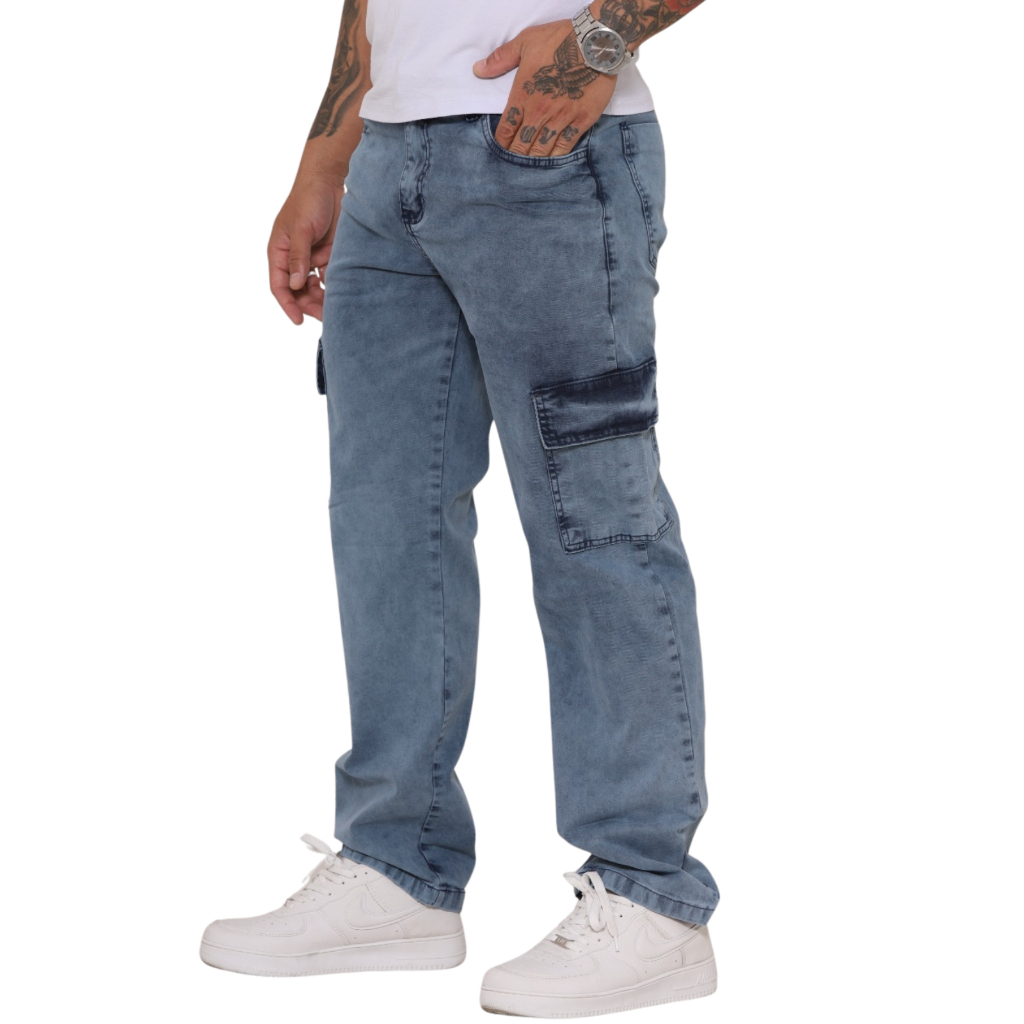 Calça Cargo Masculina Jeans Azul Estilo Streetwear com Bolsos Laterais