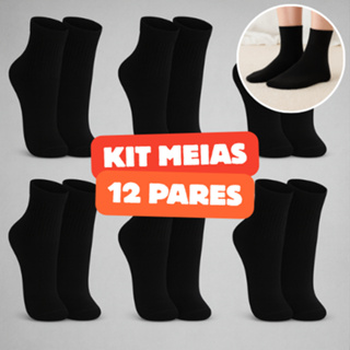 Kit 6/12/15 Pares de Meia Cano Médio com Algodão Unissex Masculina Feminina - Cor Preta em Oferta na Shopee