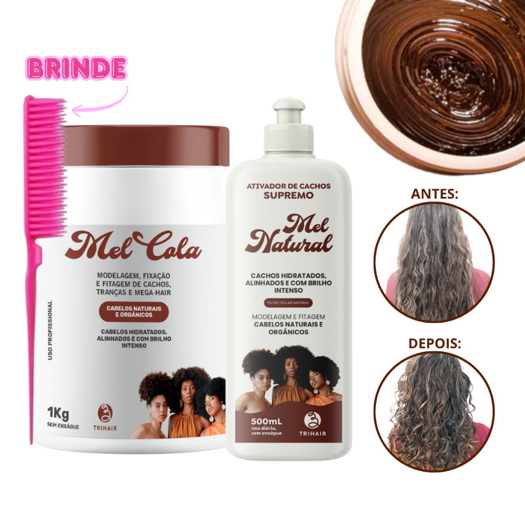Mel Cola Modelador Trihair 1kg + Ativador de Cachos Mel Natural 500ml + BRINDE (Pente 3 fileiras) em Oferta na Shopee