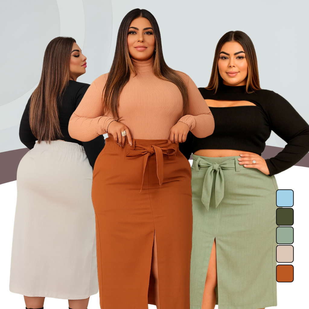 Saia Midi Plus Size em Linho com Fenda Frontal em Oferta na Shopee