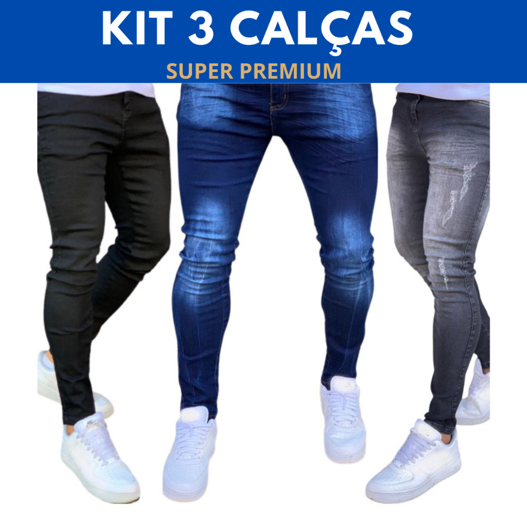 Kit 3 Calças Jeans Masculina Slim Original Elastano Premium