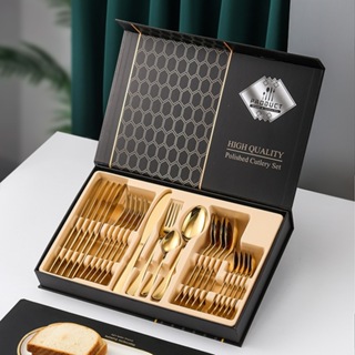 Jogo/KIT Talheres Faqueiro Inox Dourado Polidos de Alta Qualidade 24 Peças Premium Luxo Com Maleta em Oferta na Shopee