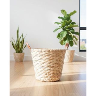 Cesto cachepô Organizador de Palha de Taboa com Alça de Couro em Oferta na Shopee