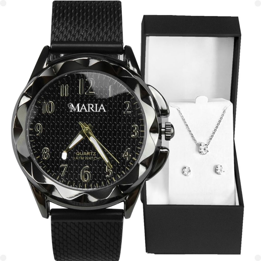 Relogio Feminino Preto Inox Aço + Colar + Brincos + Caixa prova dagua qualidade premium silicone