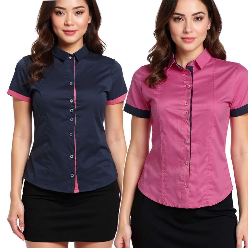 Kit Camisa Social Feminina Manga Curta Azul Rosa 2 Un Camisa Feminina