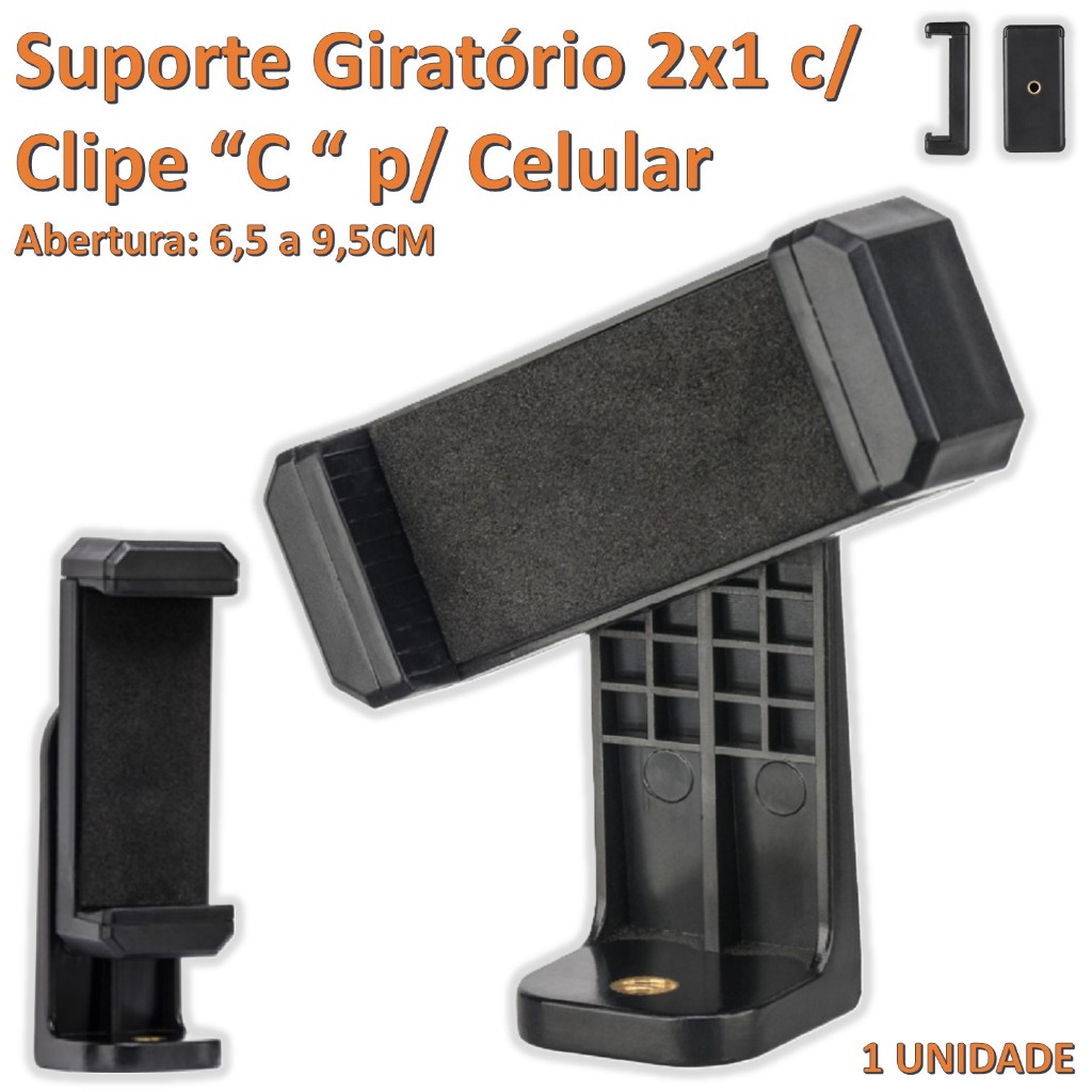 Suporte para Celular Giratório Adaptador 2 em 1 com Clipe C ideal Para Uso em Tripés Sapatas monopés