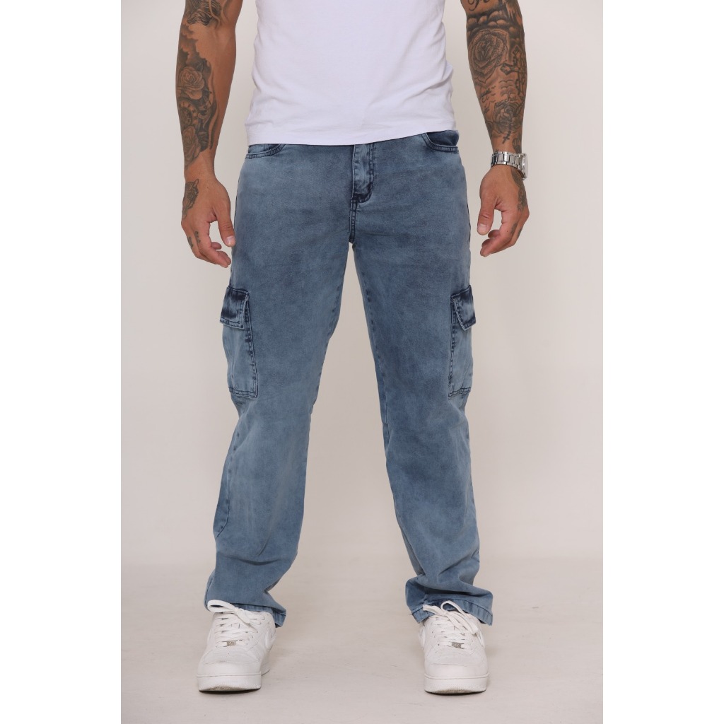 Calça Cargo Jeans Azul Masculina Bolsos Laterais Conforto Casual Streetwear