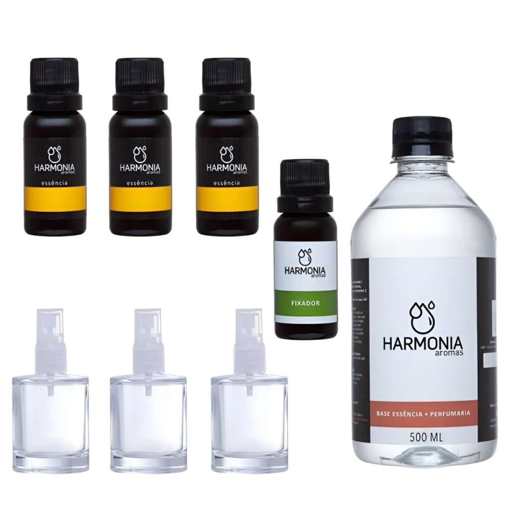 Kit Perfume Completo 3 Essências 20ml Base Perfume Frascos Fixador Fazer Perfume Revenda Artesanato