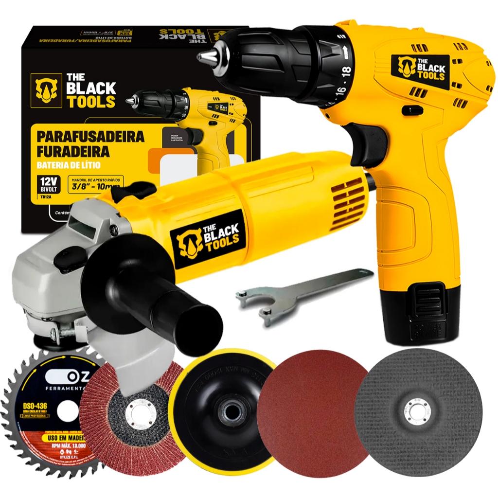 Kit Furadeira Parafusadeira E Lixadeira Esmerilhadeira 127v/220v 750W com Acessórios The Black Tools em Oferta na Shopee