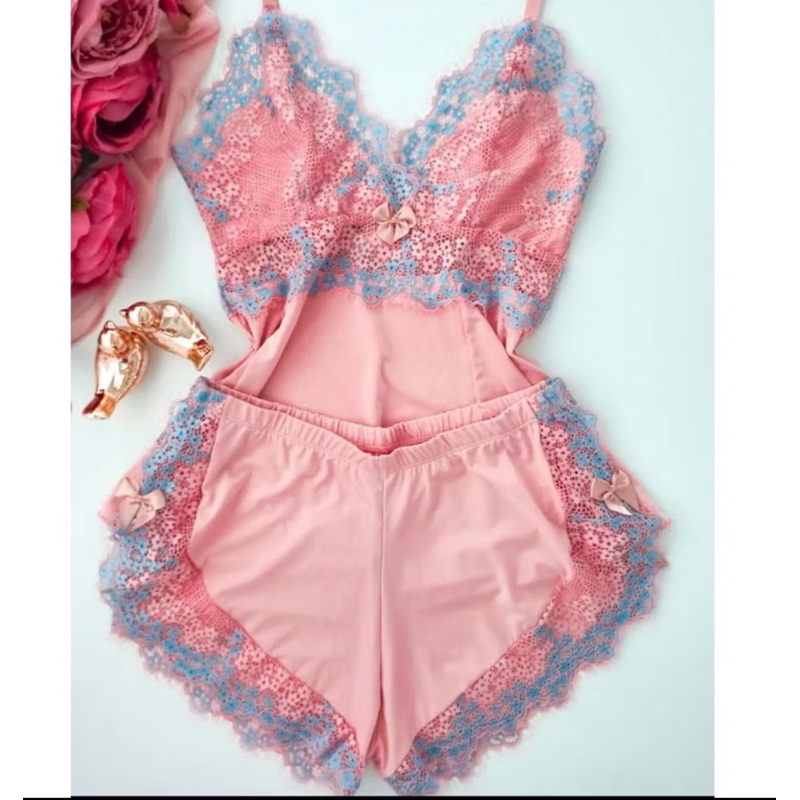 Short doll de renda bicolor pijama feminino com renda roupa de dormi casual elegante em Oferta na Shopee