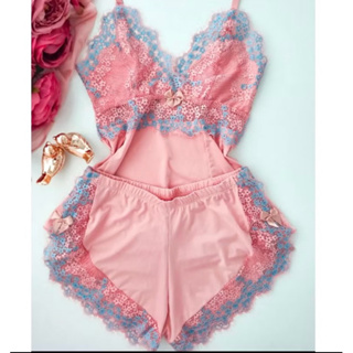Short doll de renda bicolor pijama feminino com renda roupa de dormi casual elegante em Oferta na Shopee