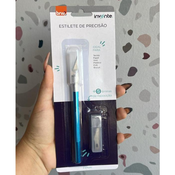 Estilete de Precisão + 5 Lâminas de Reposição BRW Ideal Para Tecido Papel Vinil Plástico EVA e Biscuit Artesanato