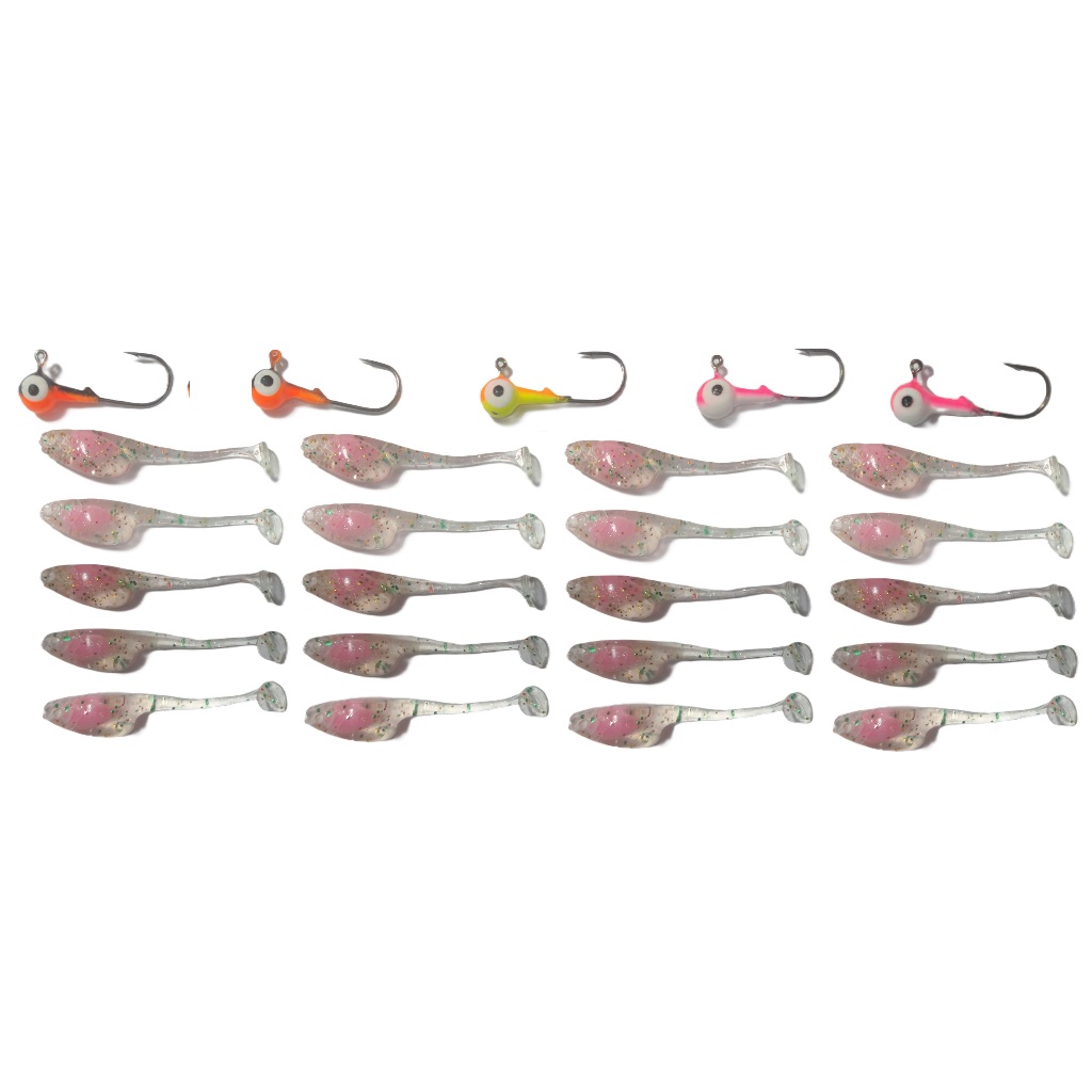20 Shad Barriga Rosa 5cm + 6 Jig Head 3g Robalo Galo Sargo Garoupa Badejo Tucunaré
