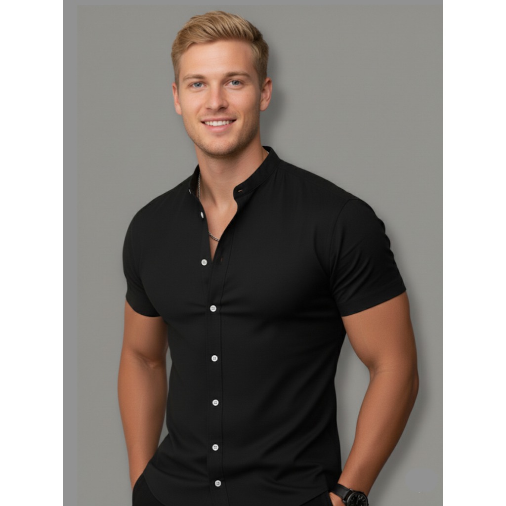 Camisa Social Masculina Manga Curta Slim Camisete Elegante Gola Padre - Camisa de praia Camisa com Elastano