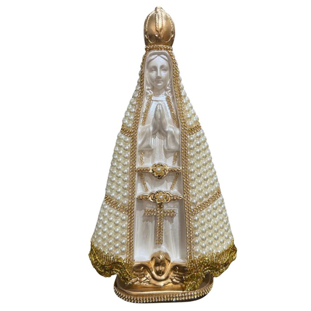 IMAGEM NOSSA SENHORA APARECIDA 30CM MANTO MEIA PEROLA BEGE CENTRO BRANCO PEROLADO EM GESSO