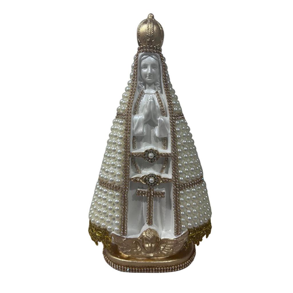 IMAGEM DE NOSSA SENHORA APARECIDA MEIA PEROLA BEGE CENTRO BRANCO 30CM EM GESSO