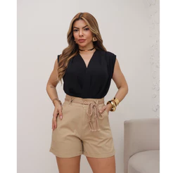 Short Feminino Linho Com Elastano Com Cinto Bolso Casual Elegante 3RD SD759