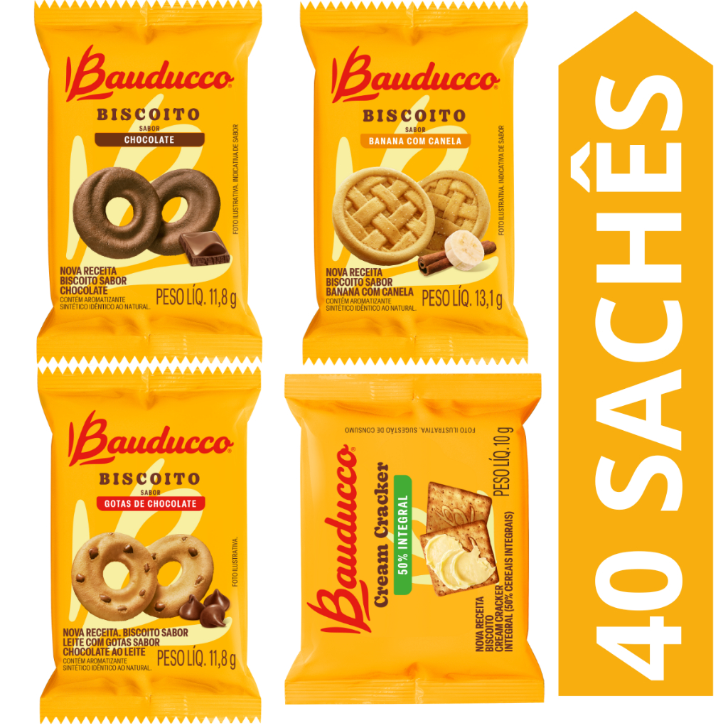 Kit 40 Sachês Biscoito Bauducco Sabores Chocolate, Banana, Leite Com Gotas, Cream Cracker Integral