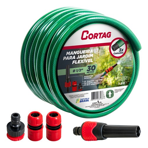 Mangueira de Jardim Verde 1/2" x 30m com Esguicho, Bico e Engates Rápidos Cortag em Oferta na Shopee