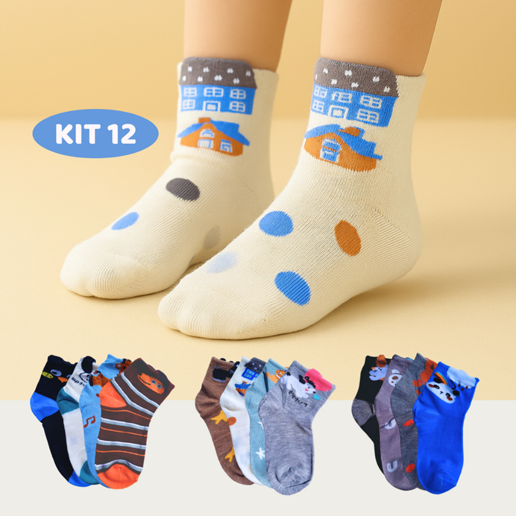 Kit 12 Pares de Meias Infantil Menino Algodão Premium Criança Estampa Masculina Sortida