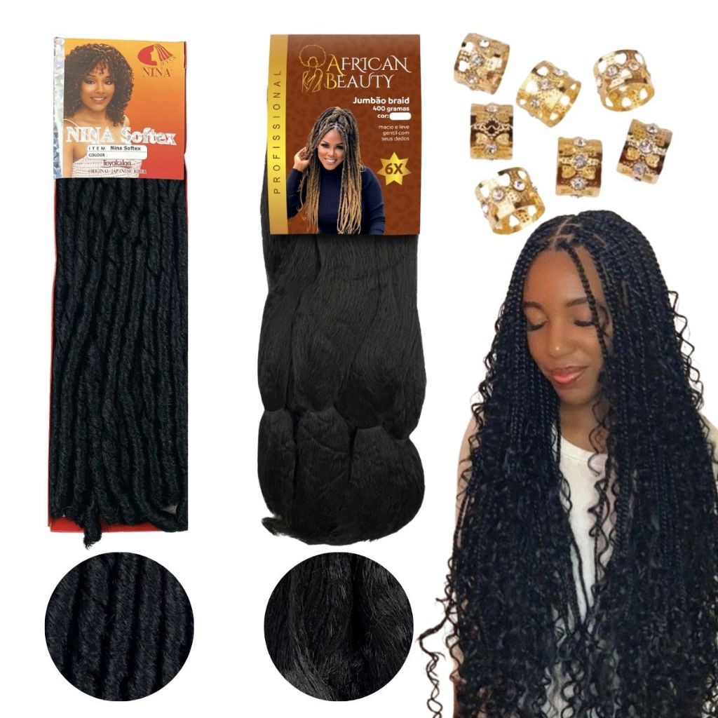 Kit Gypsy Braid Goddess Crochet Nina Cachos Fibra Japonesa 100g e Jumbo Tranças Afro