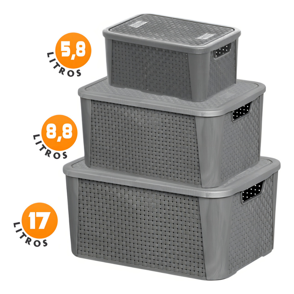 Kit 3 Caixas Organizadoras Rattan com Tampa Cinza 5,8L 8,8L 17L Empilháveis Multiuso em Oferta na Shopee