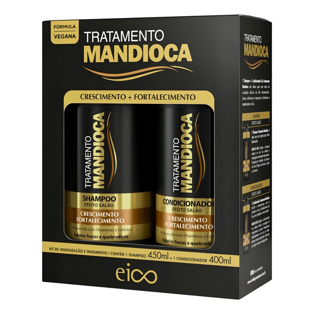 Kit Eico Tratamento Mandioca Shampoo 450ml Sem Sal e Condicionador Leave-in 400ml Fortalecimento Crescimento