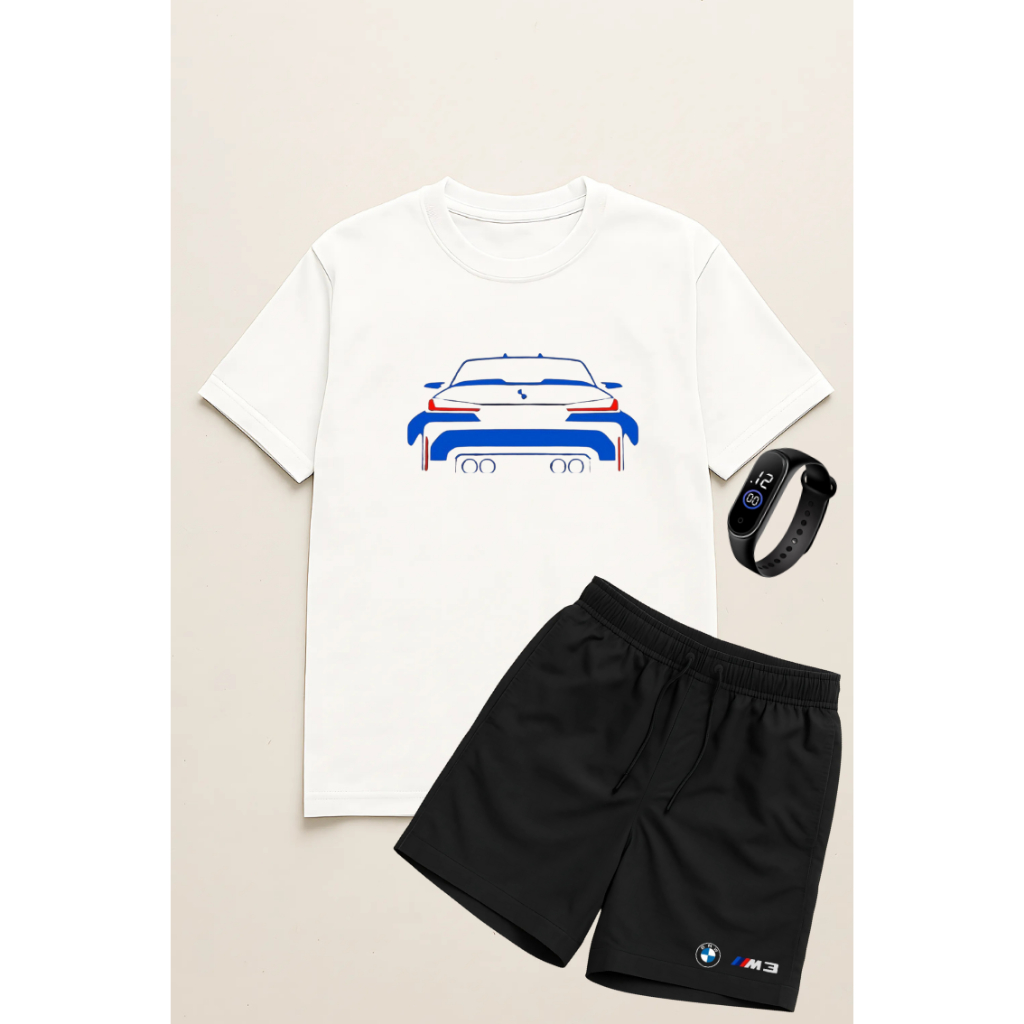 Conjunto BMW M3– Camiseta 100% Algodão + Bermuda Tactel + Relógio de Brinde