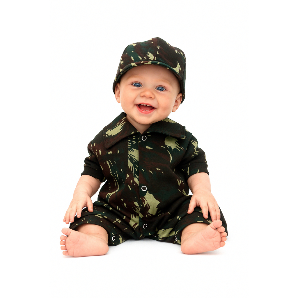 Macacão Camuflado Curto com Boné - Unissex
